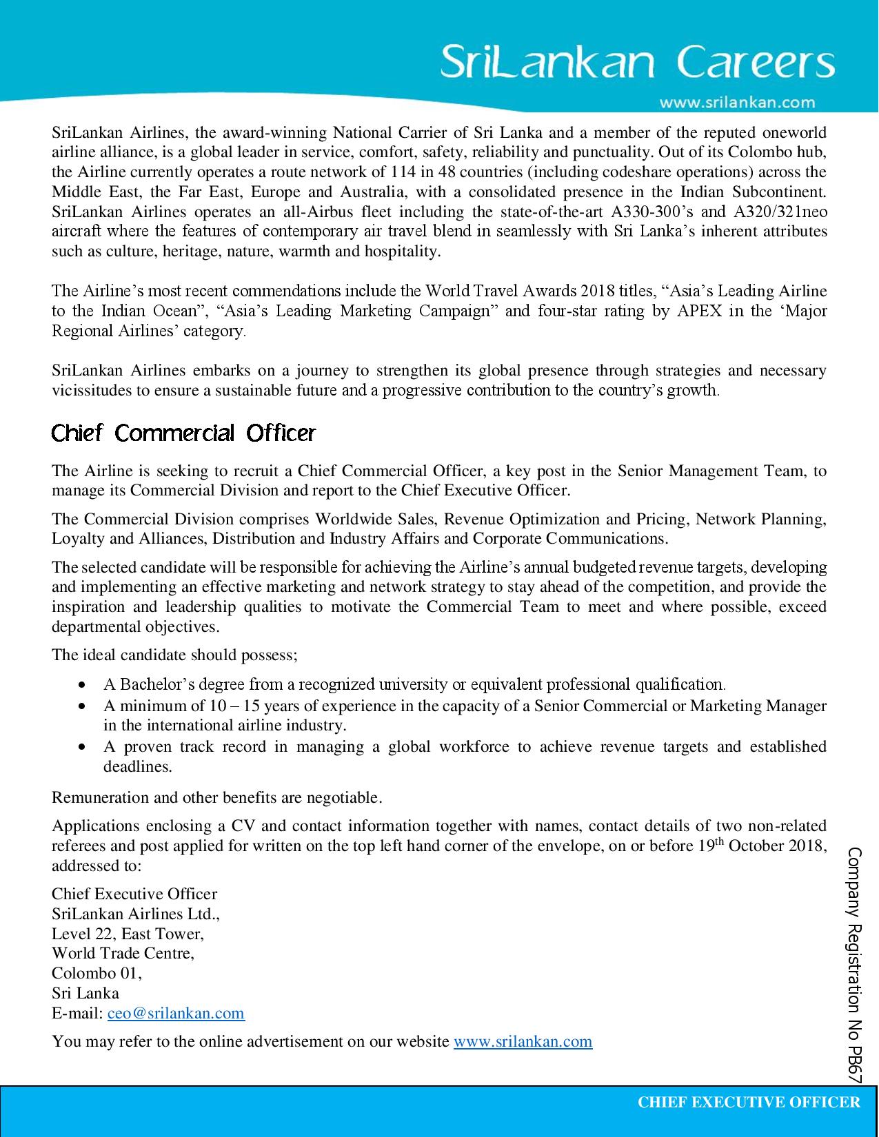 Chief Commercial Officer - SriLankan Airlines